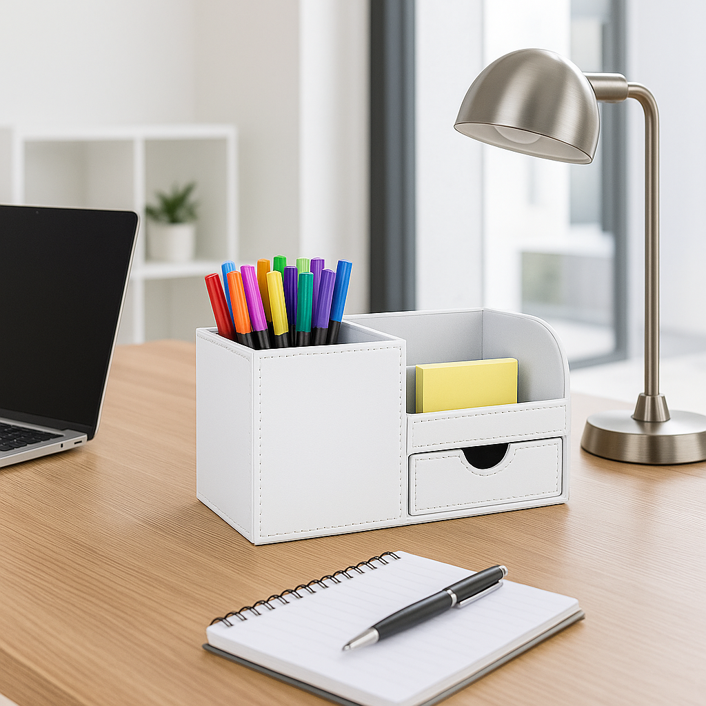 organisateur de bureau couleur ivoire sur bureau en bois