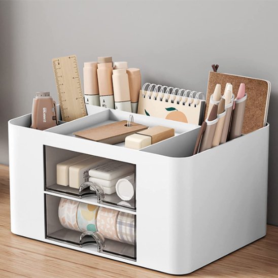 boite de rangement bureau couleur blanche sur bureau