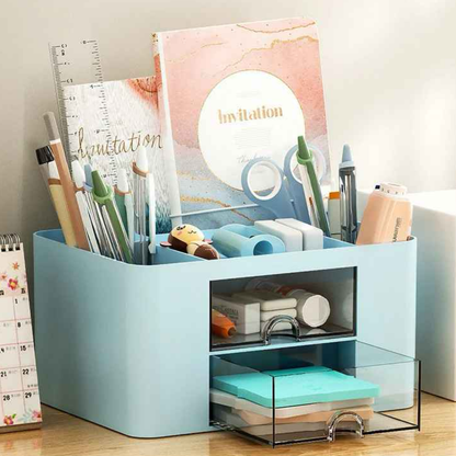 boite de rangement bureau couleur bleue sur bureau