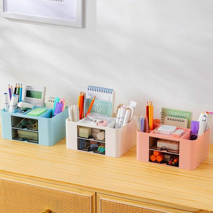 boite de rangement bureau trois coloris tiroirs transparents sur bureau 