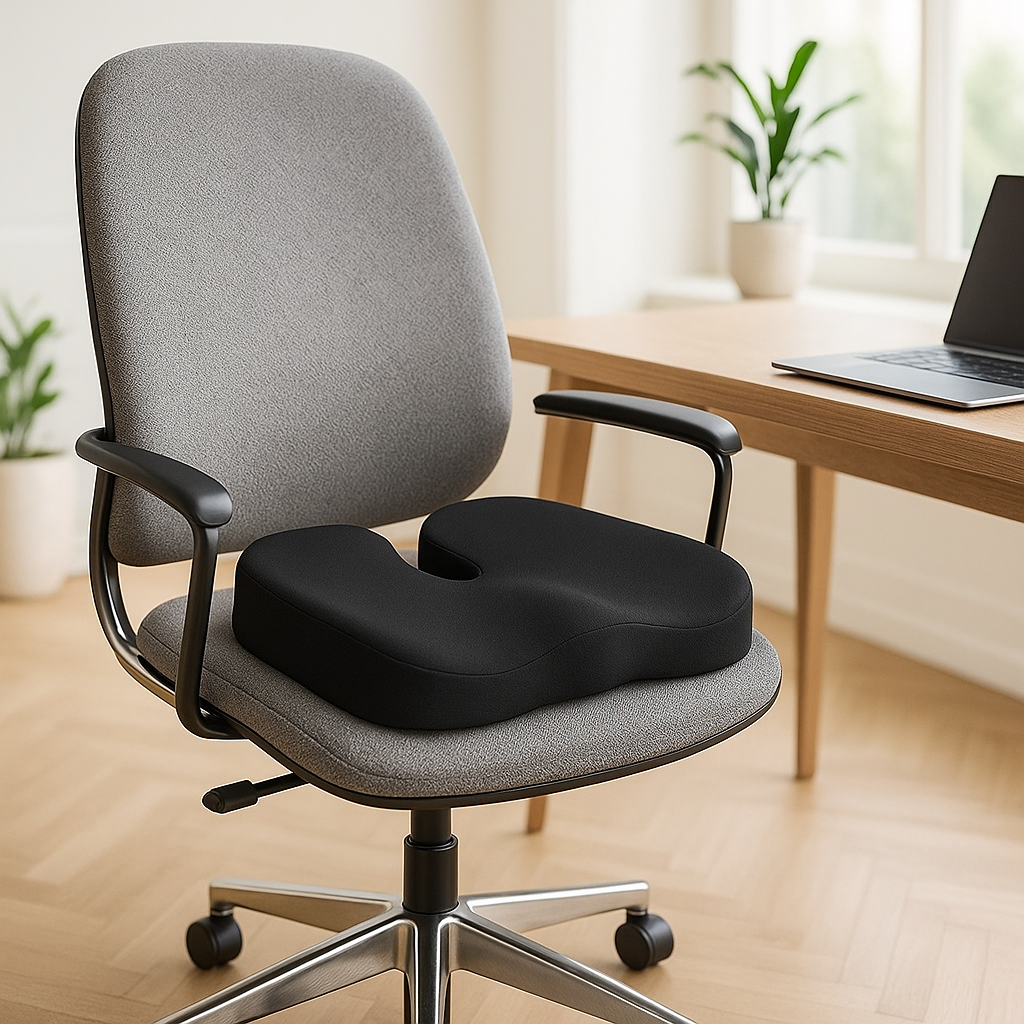 coussin coccyx noir sur siège de bureau dans bureau