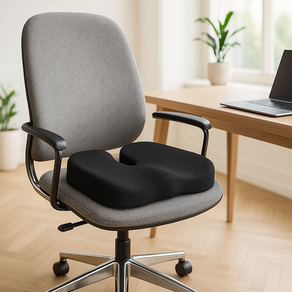 coussin coccyx noir sur siège de bureau dans bureau