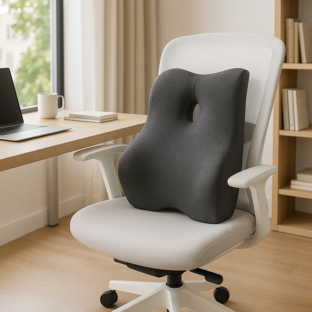 coussin lombaire gris sur chaise de bureau