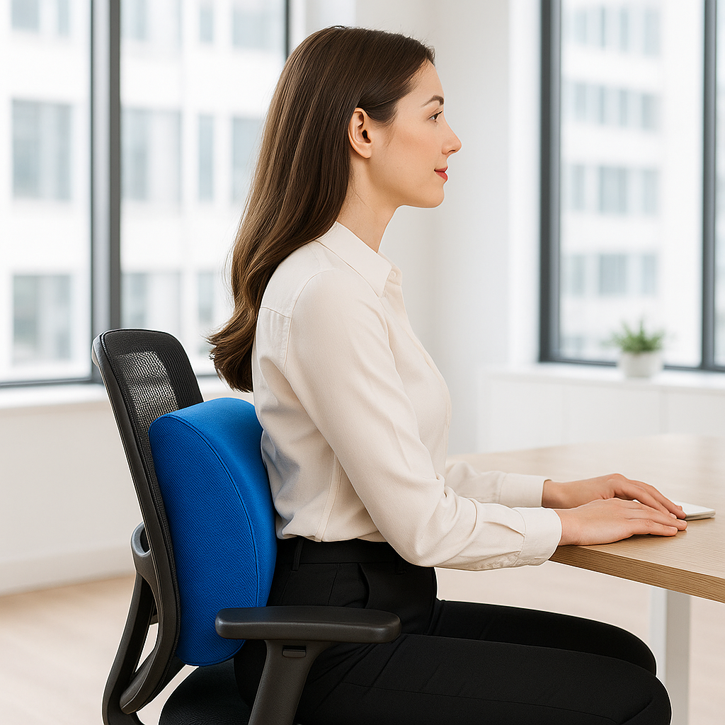 femme assise avec coussin pour lombaire couleur bleue