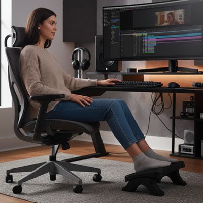 femme avec pieds sur repose pieds bureau noir devant bureau