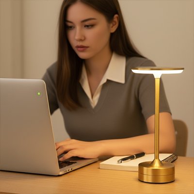 femme devant lampe de bureau design sur bureau