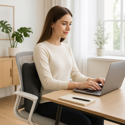 femme souriante assise devant bureau avec coussin lombaire