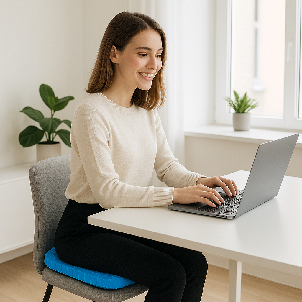 femme souriante pull beige pantalon noir assise sur coussin ergonomique nid d'abeille