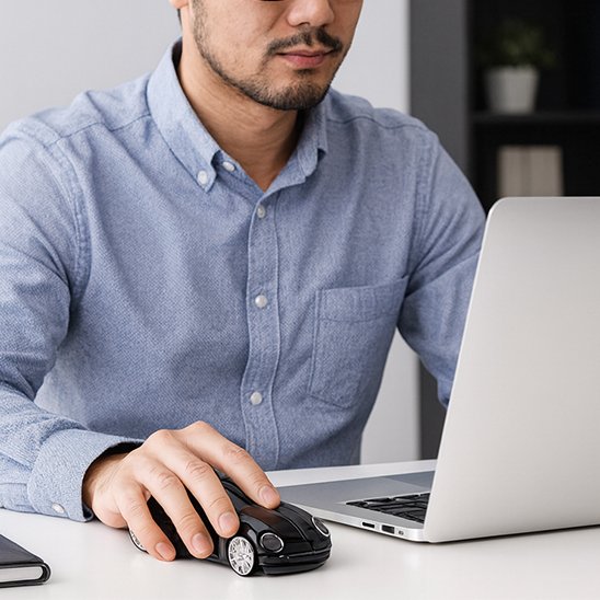homme assis avec souris sans fil design voiture sur bureau