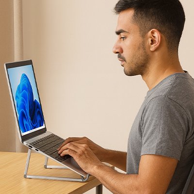 homme assis devant rehausseur ordinateur portable