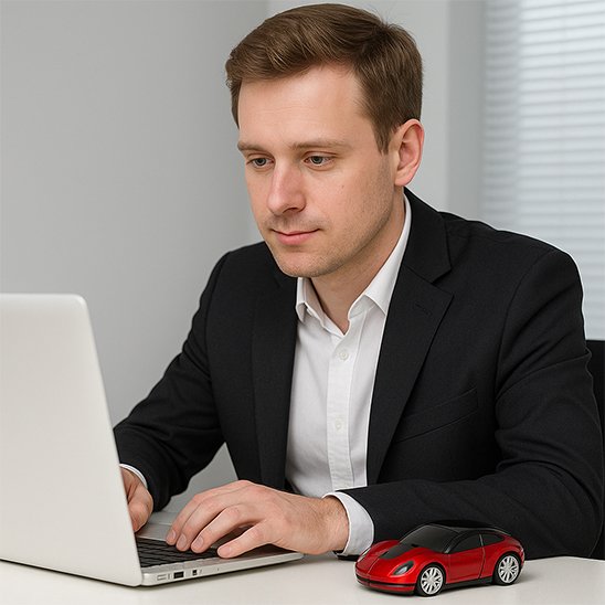 homme dans bureau avec souris sans fil design voiture