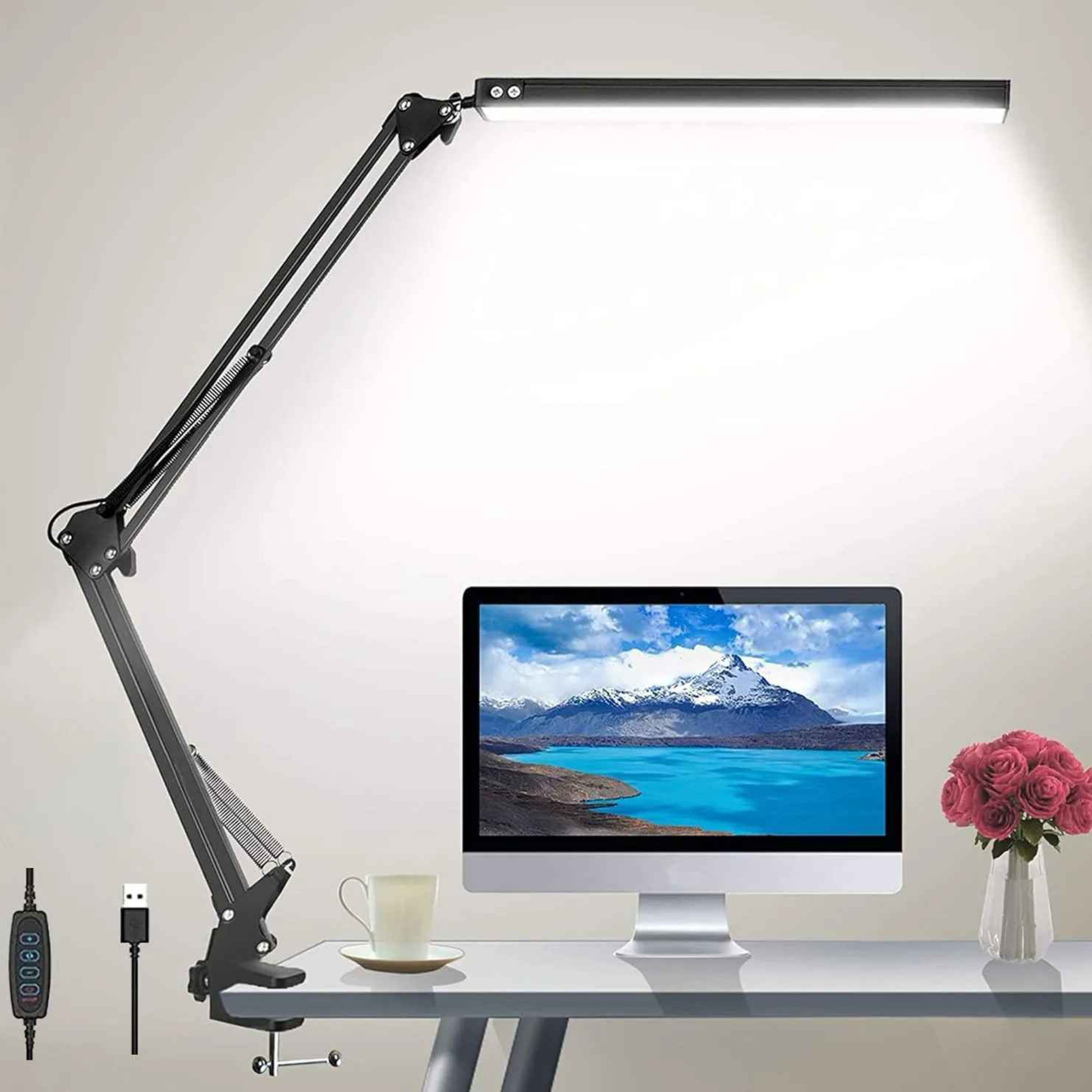 lampe de bureau design dans bureau avec pot de fleurs