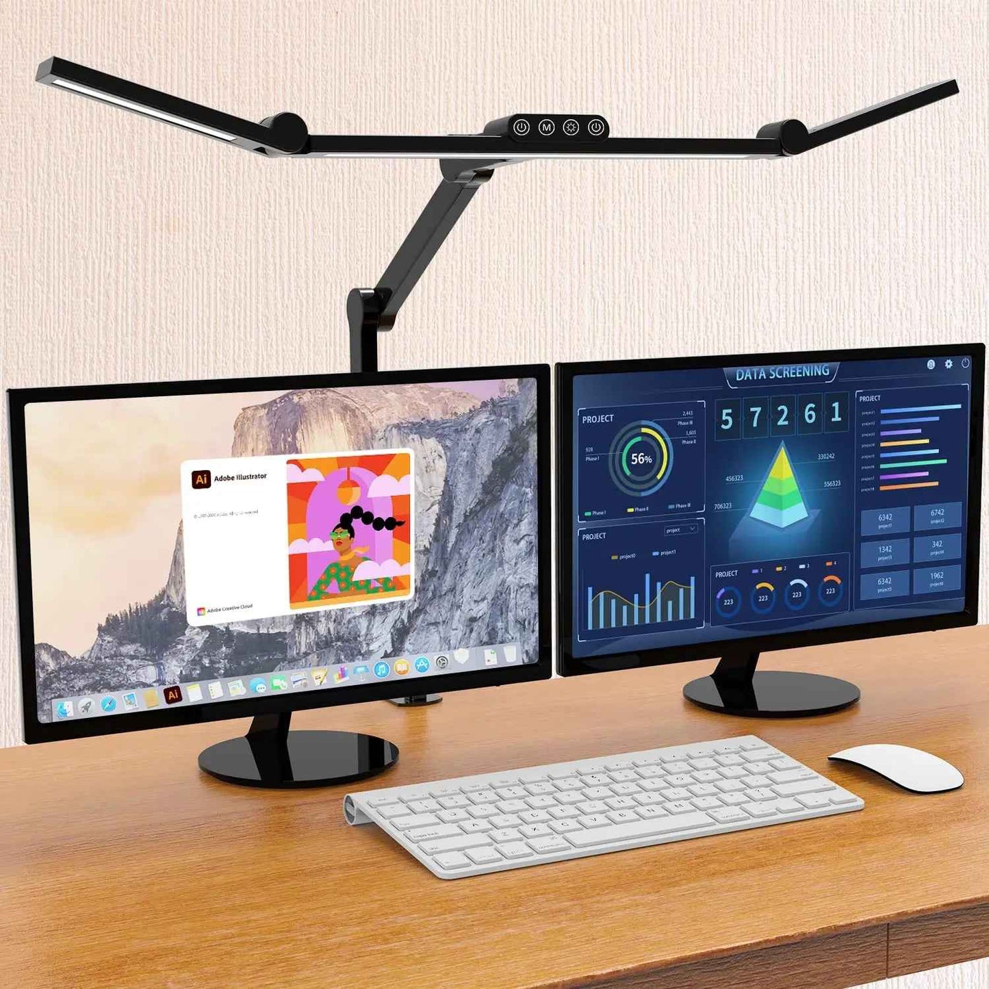 lampes de bureau sur bureau en bois devant ordinateurs