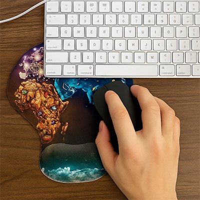 main de femme sur tapis de souris ergonomique devant clavier