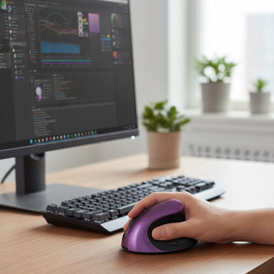 main sur souris ergonomique sans fil couleur violette sur bureau