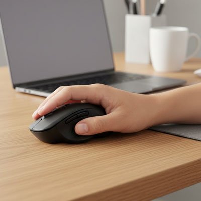 main sur souris ergonomique sur bureau