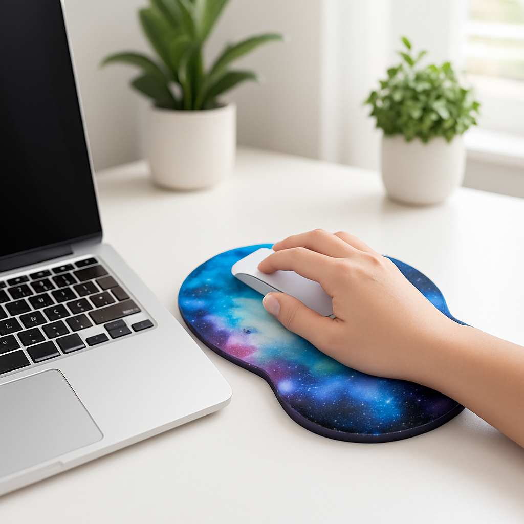 main sur tapis de souris ergonomique devant ordinateur