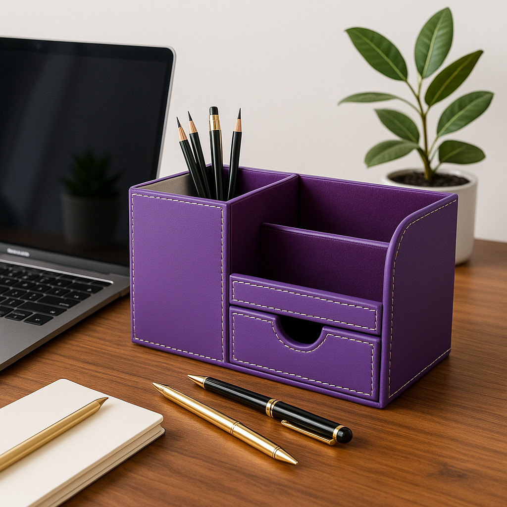 organisateur de bureau couleur violet sur bureau