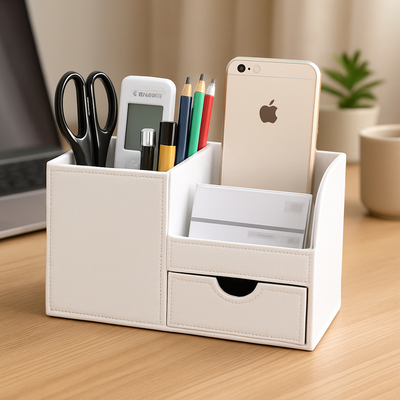 organisateur de bureau cuir ivoire sur bureau