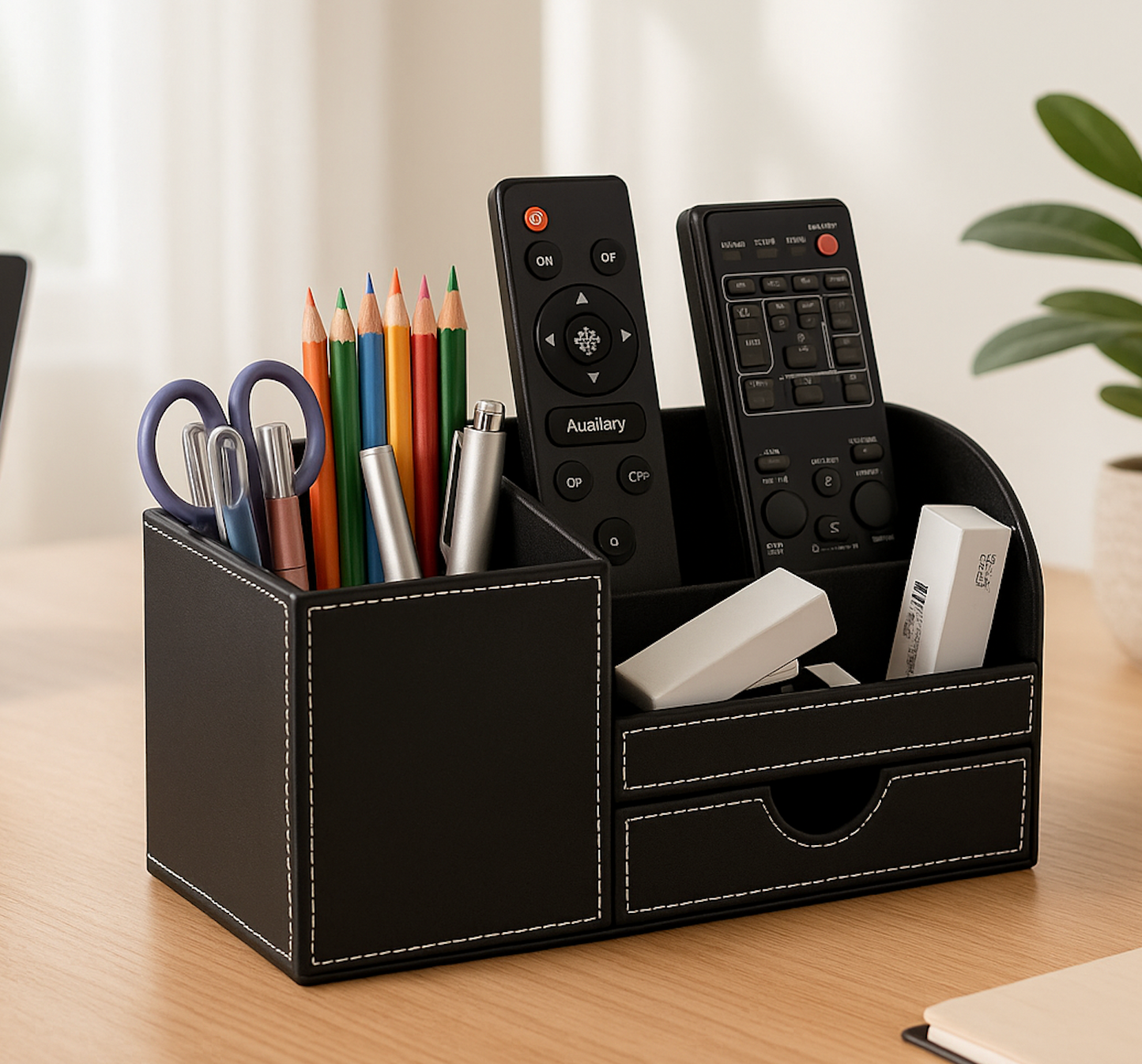 organisateur de bureau cuir noir sur bureau