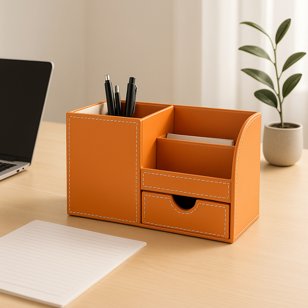 organisateur de bureau cuir orange sur bureau