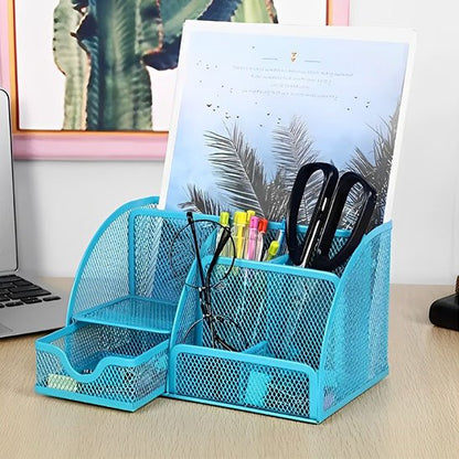 organiseur de bureau métal mesh bleu sur bureau