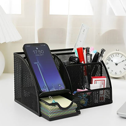 organiseur de bureau métal mesh noir sur bureau blanc
