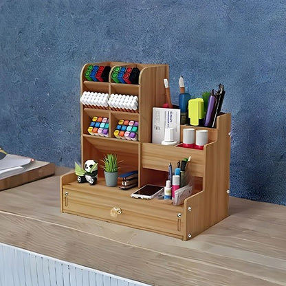 organiseur pour bureau en bois plusieurs compartiments avec fournitures rangées