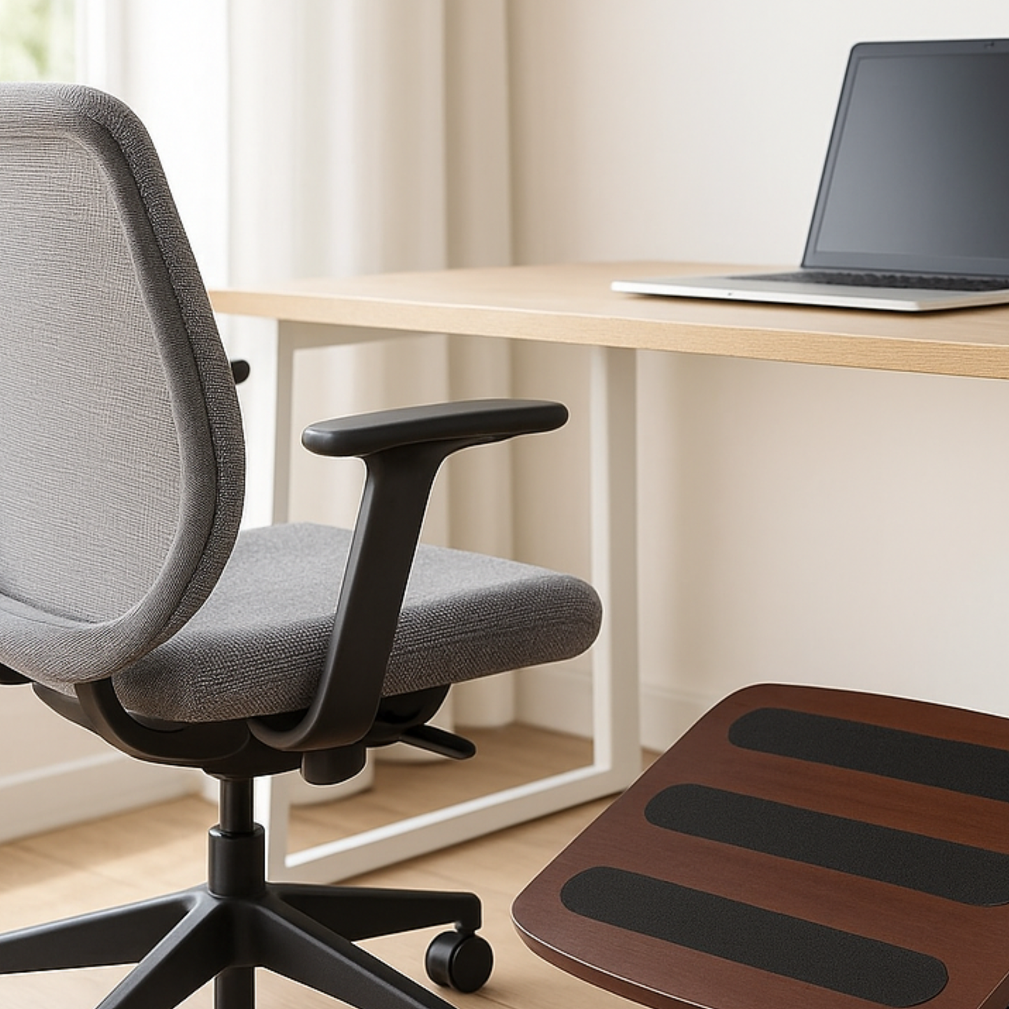 repose-pieds bureau en bois dans bureau devant ordinateur gris