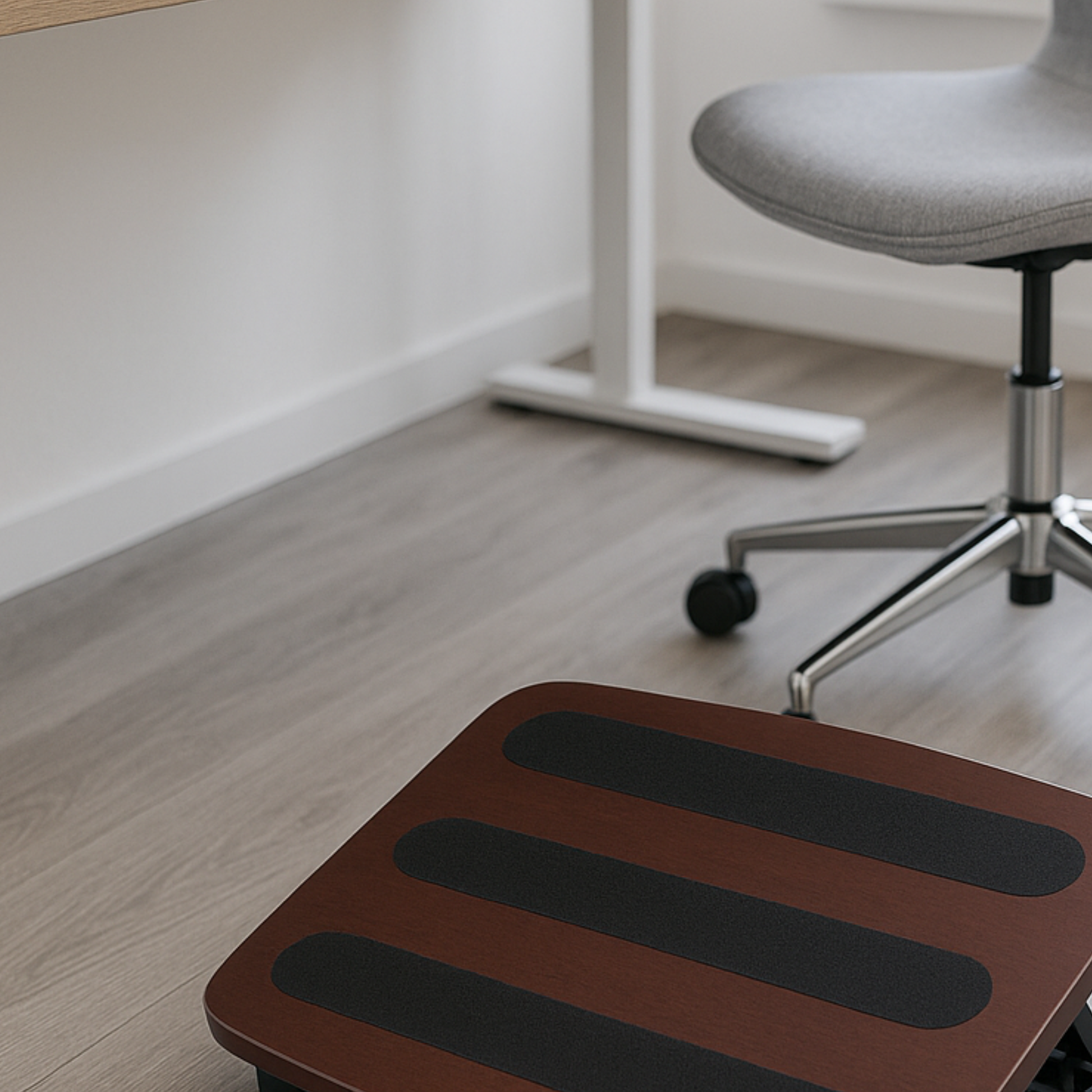 repose-pieds bureau en bois devant chaise de bureau grise