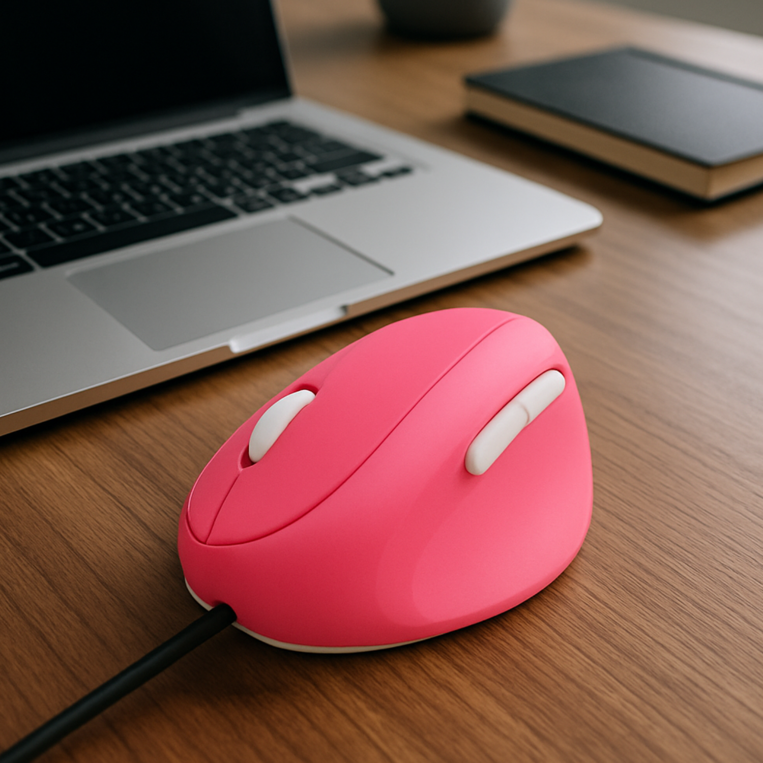 souris ergonomique filaire couleur rose sur bureau devant ordinateur