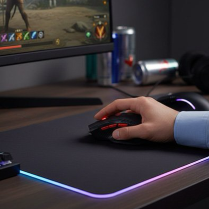 souris ergonomique gamer sur tapis devant écran