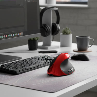 souris ergonomique sans fil verticale couleur rouge dans bureau