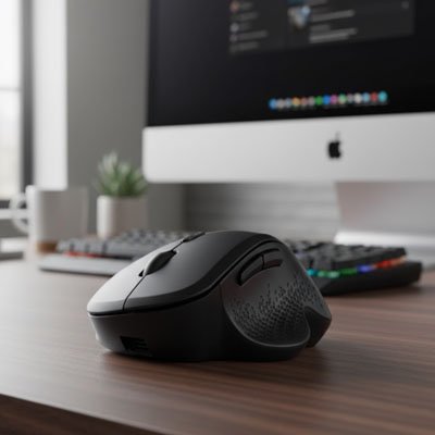 Souris ergonomique sur bureau devant écran ordinateur