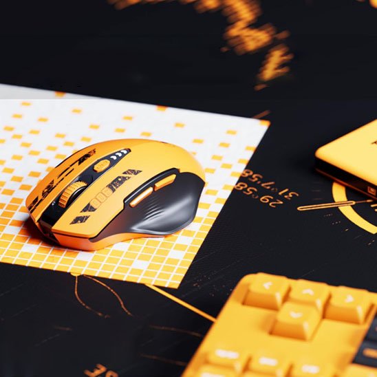 souris gaming sans fil orange sur tapis de souris