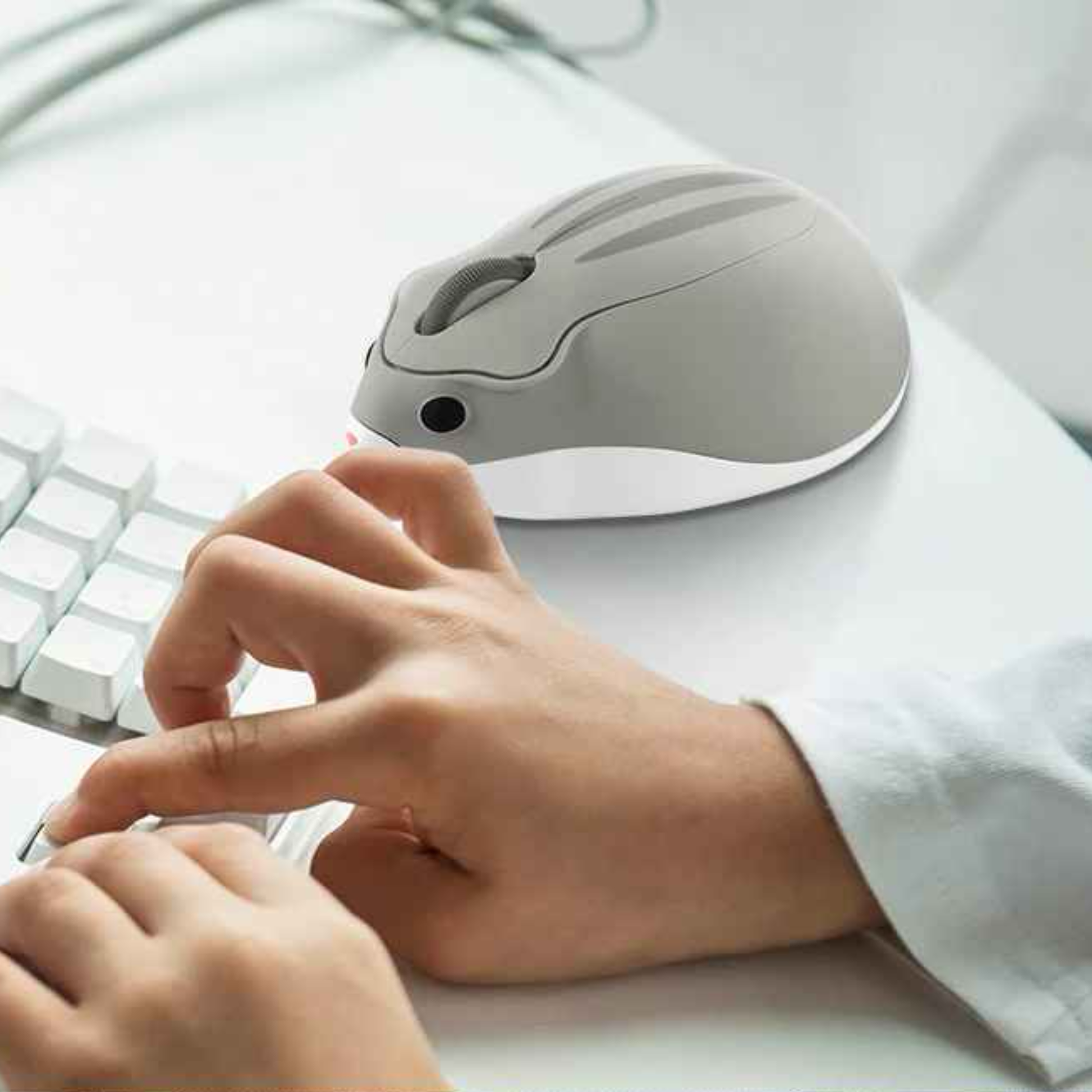 souris sans fil design forme hamster couleur grise devant ordinateur