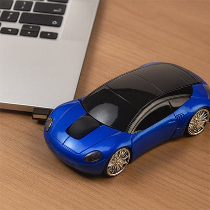 souris sans fil design voiture bleue sur bureau marron