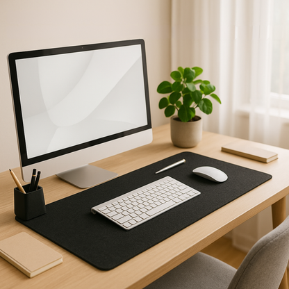 sous main pour bureau en feutre noir devant écran ordinateur