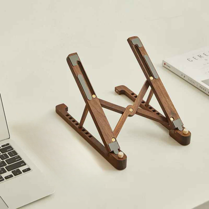 support pc portable en bois avec livre et ordinateur