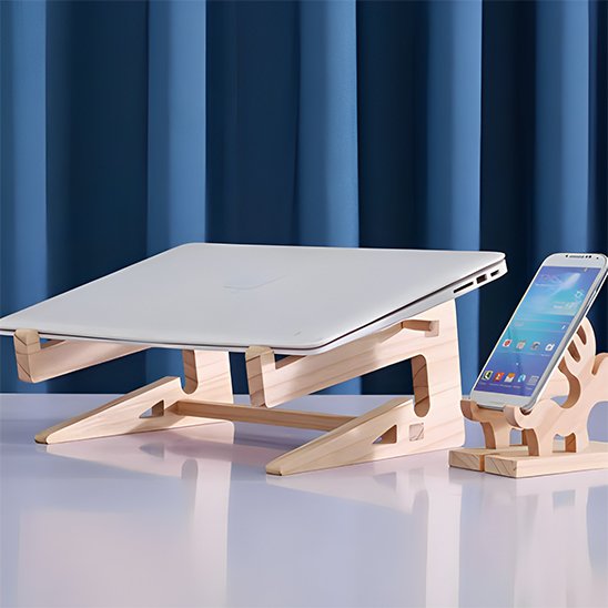 support pour ordinateur portable en bois sur bureau avec ordinateur