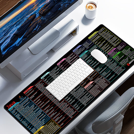 tapis de souris Java avec souris et clavier blancs devant ordinateur
