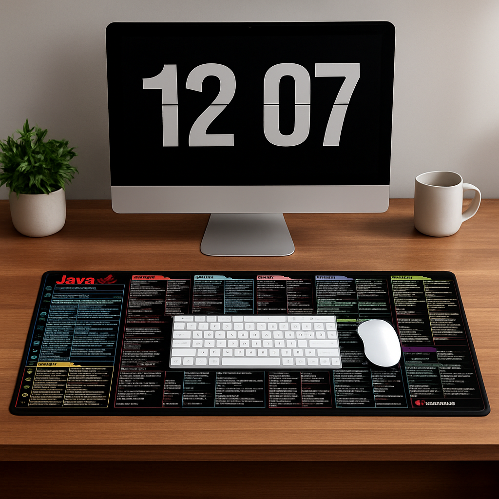 tapis de souris Java devant ordinateur sur bureau en bois